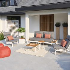 Soho lounge wit alu-teak 2-zitsbank + 2 Felix relax stoelen + 2 salontafels + 2 poefen 0811BerkelEnschot-Sets-002