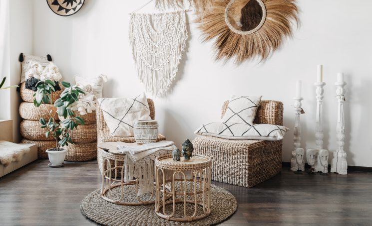 Home,Decor,Concept.,Comfortable,Wicker,Furniture,,Rattan,Armchair,With,Cushions,