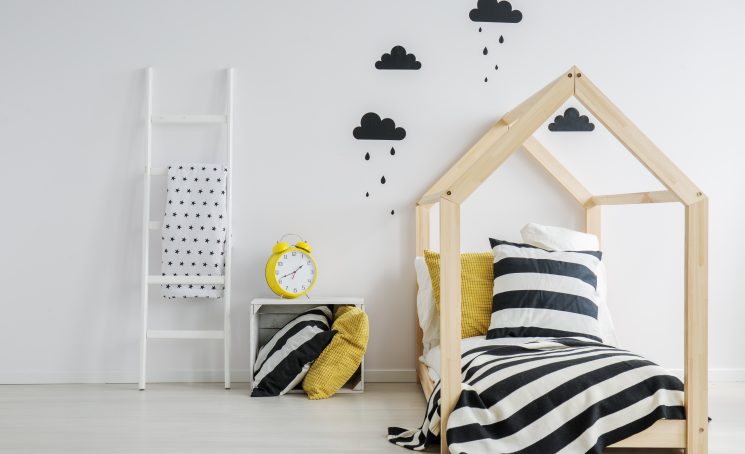 Stylish,,Modern,Child’s,Bedroom,With,A,Large,,Yellow,Alarm,Clock,