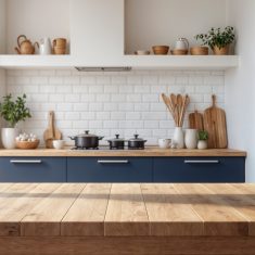 Blue,Empty,Wooden,Table,With,The,Bright,White,Interior,Minimal