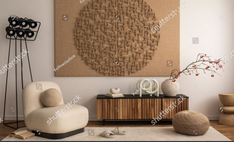 stock-photo-interior-design-of-living-room-interior-with-mock-up-poster-frame-white-armchair-wooden-sideboard-2235256421