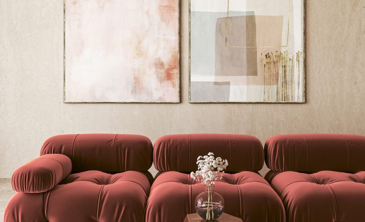 Abstract,Art,Above,Plush,Red,Sofas,In,Chic,Interior.,3d