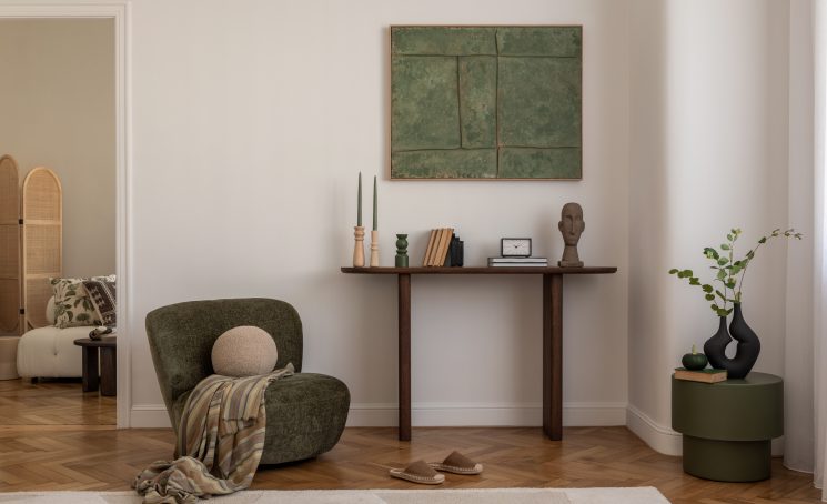 Minimalist,Living,Room,With,Nature,Tones.,A,Cozy,Corner,With