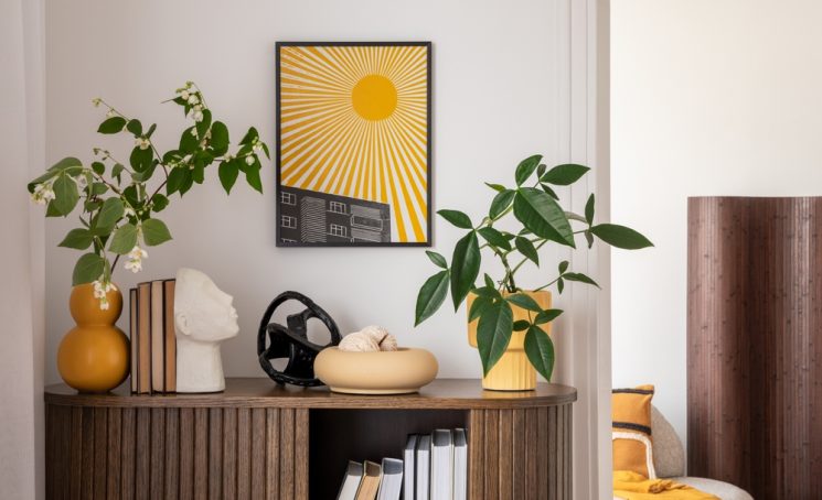 Stylish,Interior,With,A,Wooden,Cabinet,Plants,,Decorative,Objects,,And