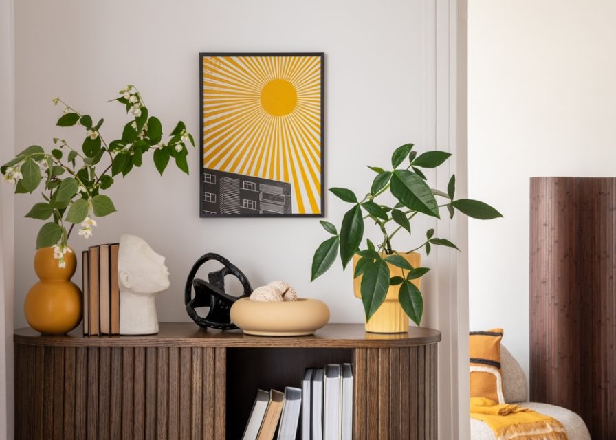 Stylish,Interior,With,A,Wooden,Cabinet,Plants,,Decorative,Objects,,And