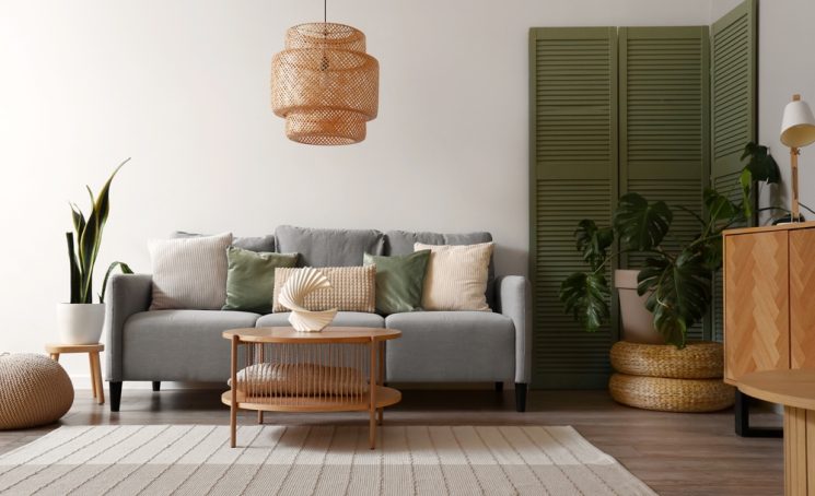 Interior,Of,Modern,Living,Room,With,Grey,Sofa,,Green,Folding