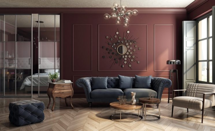 Maroon,Living,Room,Interior,Designed,In,The,Style,Of,Modern