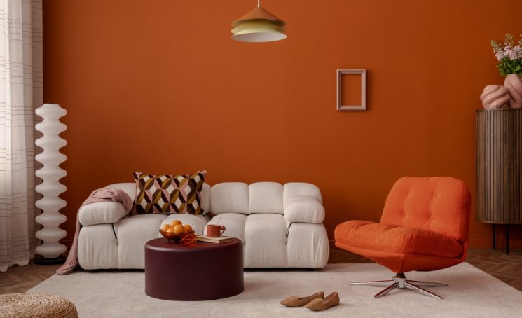 Warm,Modern,Living,Room,With,Burnt,Orange,Walls,,Soft,White