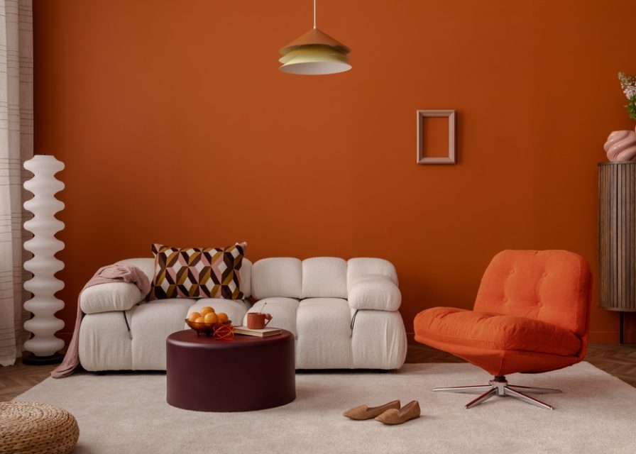 Warm,Modern,Living,Room,With,Burnt,Orange,Walls,,Soft,White